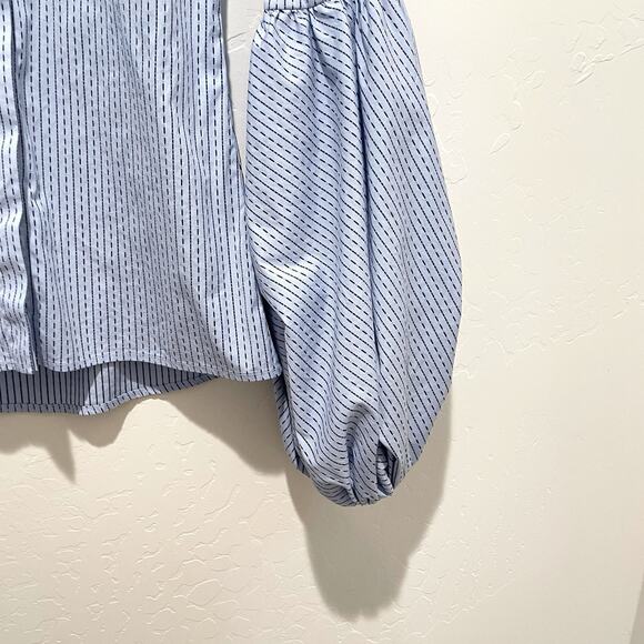 Caroline Costas Jacqueline Poof Sleeve Button Up Top Womens XS Blue Stripe - Picture 3 of 10